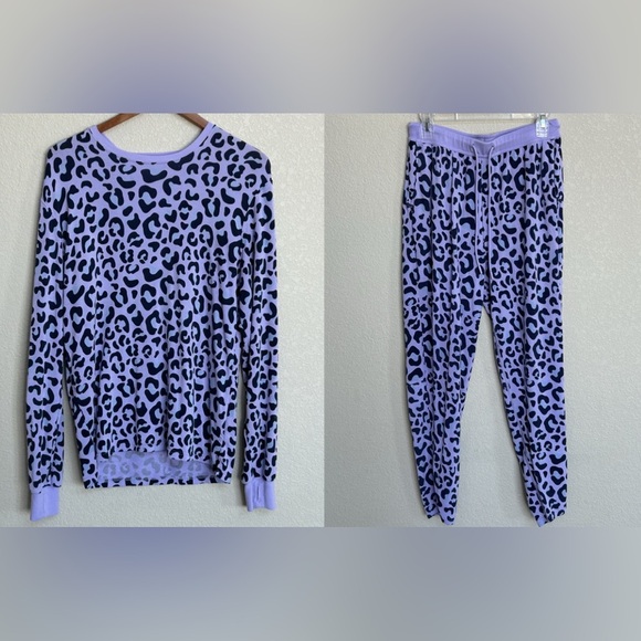 Jambys Pajama Set Lavender Leopard Long Sleeve Crew Top & Pants Unisex Medium - Picture 1 of 8